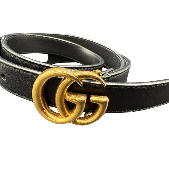 Gucci Marmont Women's Gold Black Leather Authentic Double G Buckle Belt - 39" - Picture 1 of 9